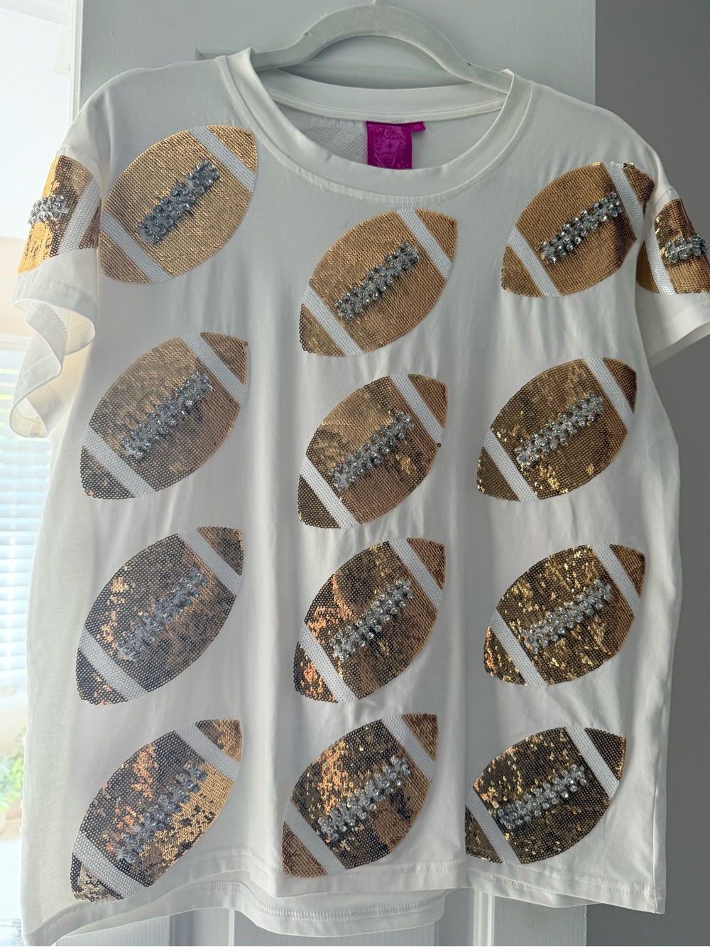 QUEEN OF SPARKLES White Tee with Gold Sequin Footballs
